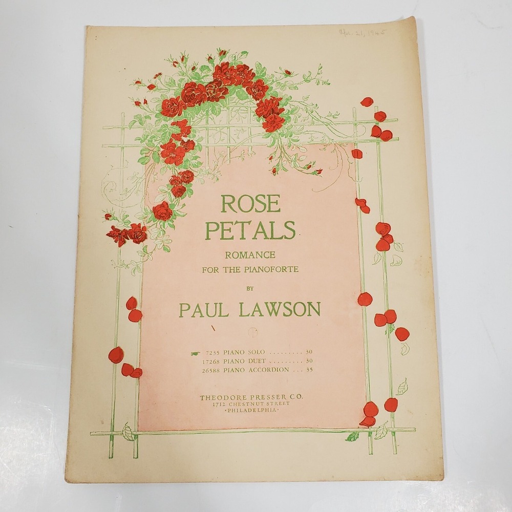 Rose Petals Romance for the Pianoforte Paul Lawson Theodore 1908 Sheet Music VTG